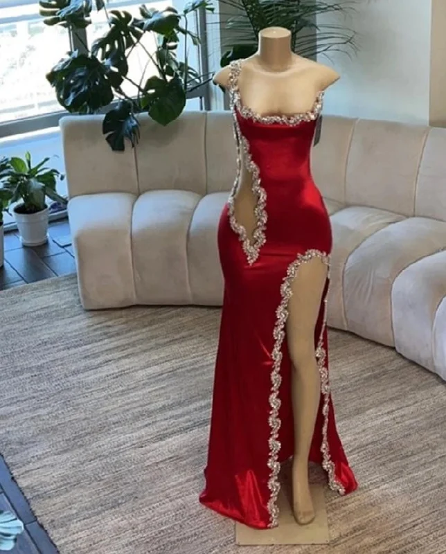 structured dressSexy Red Beaded Spaghetti Mermaid Prom Dresses 2024 Luxury Gown One Shoulder Slit Birthday Dress Black Girl Middle East robe