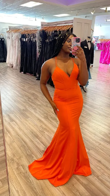 velvet dressSimple Orange Satin Mermaid Long Prom Dress, Orange Evening Dress Y6197