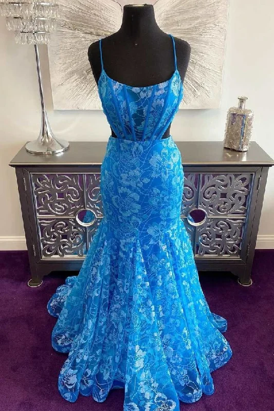 sleek dressBlue Floral Lace Backless Trumpet Long Prom Dress Y7030