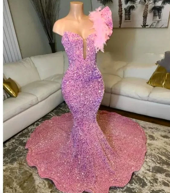 statement dressPink Mermaid Prom Dress Glitter Sequins Beaded Feather One Shoulder Evening Reception Birthday Engagement Gowns Y6672