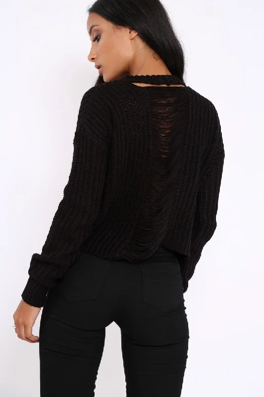 breathable pullover for gymBlack Chunky Knit Distressed Jumper - Bella