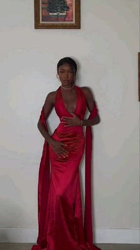 satin midi dressSexy Mermaid Red V neckline Prom Dress