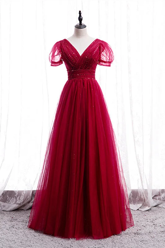 elegant shift dressClassic Red V-Neck Beaded Long Formal Dress