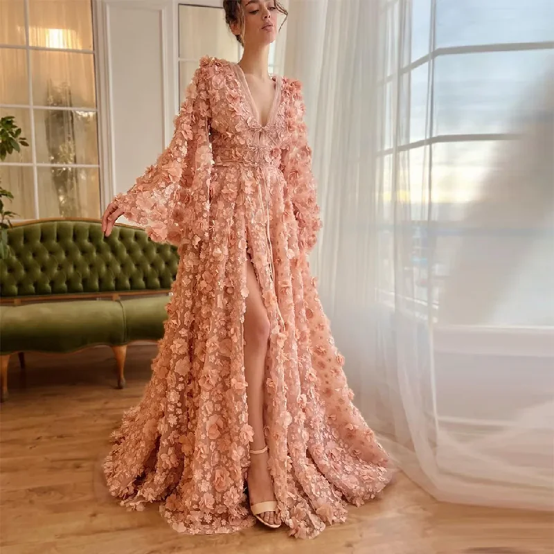 chic wrap dressExquisite Pink 3D Flowers Embroidery Lace Prom Dresses V-Neck Side Split A-Line Wedding Party Gowns Evening Dress