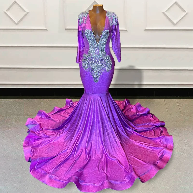 casual shift dressGlitter Beaded Purple Mermaid Long Prom Dresses for Graduation Party Full Sleeves Backless Women Custom Formal Evening Gown