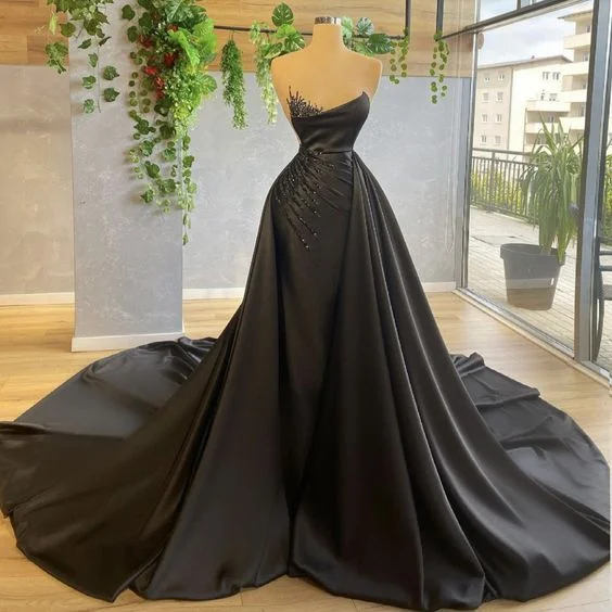 trendy dressBlack Detachable Train Prom Dresses For Women Beading Pleated Evening Dresses Y6676