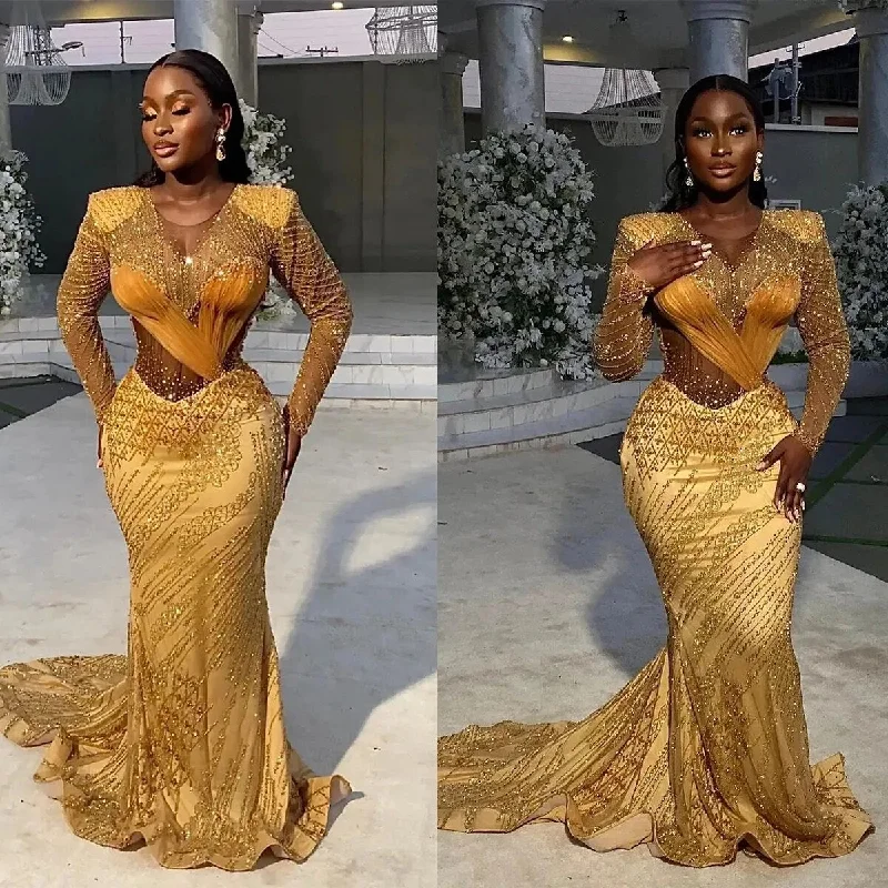 backless dressElegant Gold Sequins Mermaid Prom Dresses Jewel Long Sleeves Beaded Applicant Ruffle Plus SIze Zipper Chapel Eevning Gown