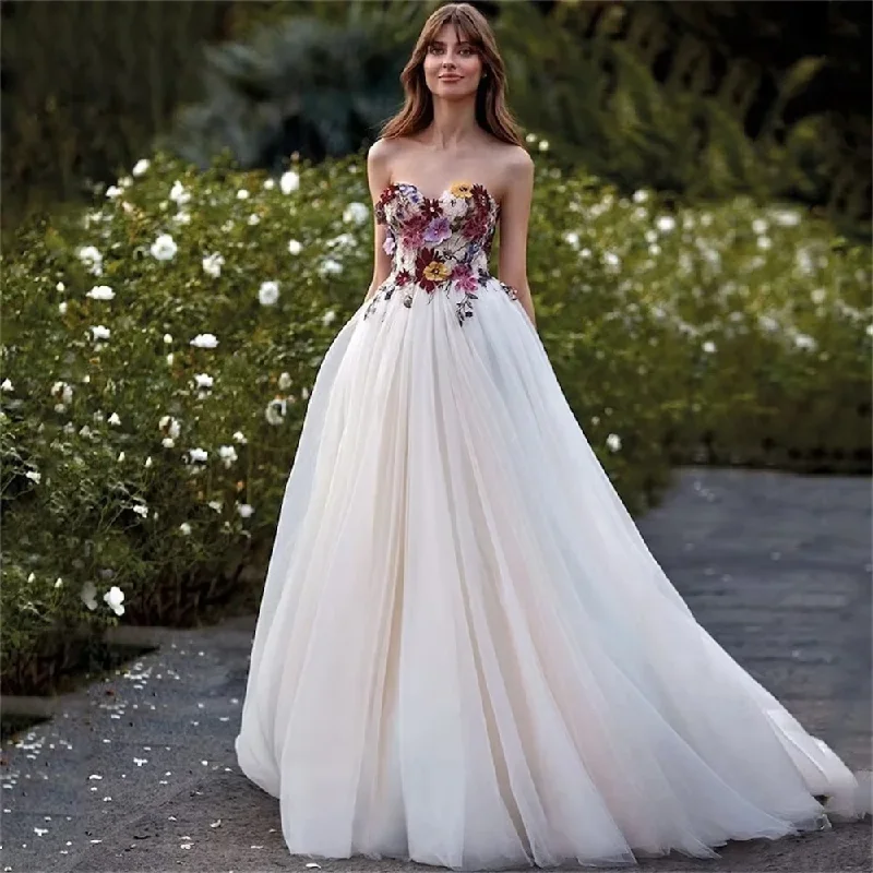 off-the-shoulder dressColorful Embroidered Wedding Dress for Women Bride Sweetheart Backless Pastoral Marriage Bridal Flower Dresses