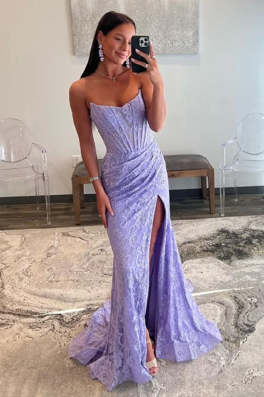 structured dressLavender Strapless Lace Ruched Mermaid Prom Dress with Slit Y6709