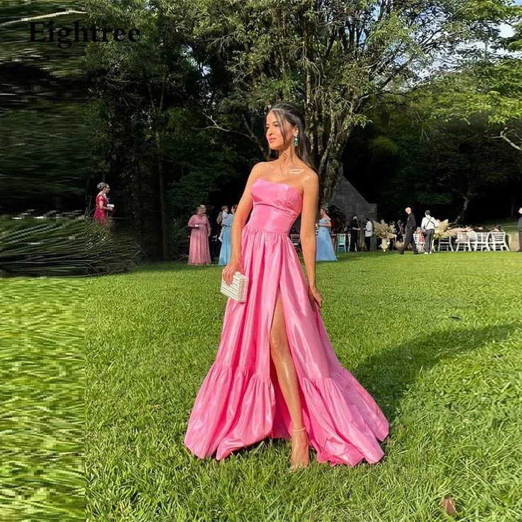 satin dressSimple Pink Long A Line Prom Dress Strapless Sleeveless Club Gowns Side Slit Formal Party Night Evening Dress Y6242