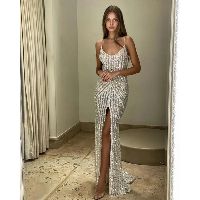 A-line dressElegant Prom Dresses Bling Silver Sequins Glitter Evening Dress Front Thigh Split Backless Dresses for Special Occasions