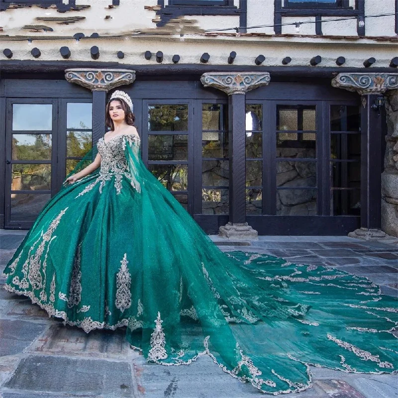 casual dressHunter Green Off The Shoulder Quinceanera Dresses Appliques Birthday Party Gowns With Cape Pageant Graduation Sweet 16