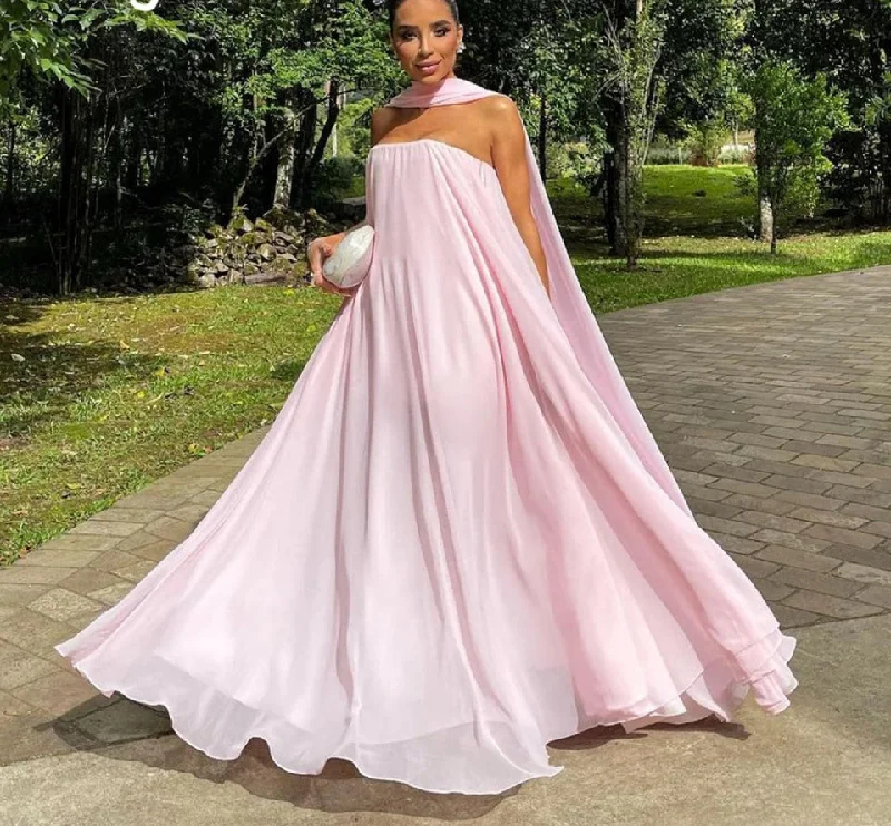 formal dressSimple Pink Strapless A Line Evening Dresses With Scraf Chiffon Holiday Gowns Floor Length Dinner Party Dress For Women