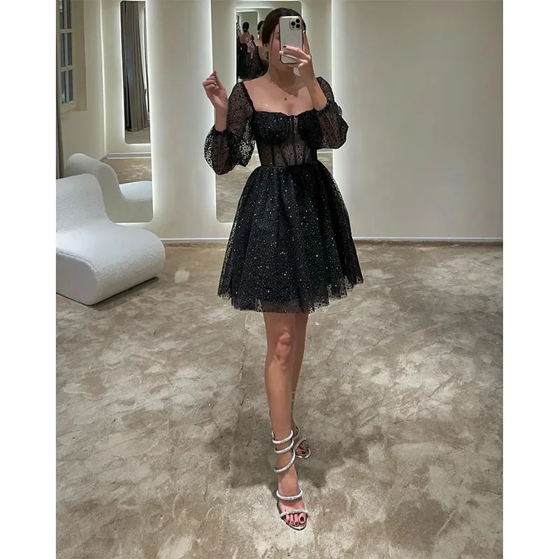 bodycon dressElegant Black Cocktail Dress Square Neck Long Sleeves Short Prom Dress Sequins Beads Mini Party Homecoming Dress