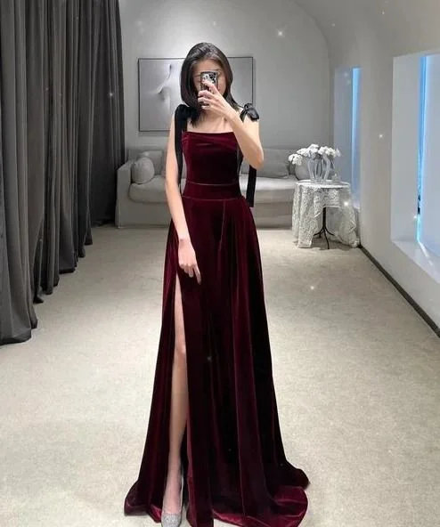 flowy dressClassy Burgundy Straps Prom Dress With Split Y6740