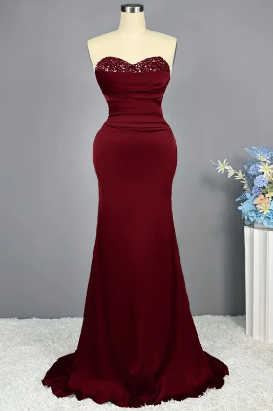 party-ready dressBurgundy Prom Dress Long Party Mermaid Sweetheart Sequins Sleeveless  Y6857