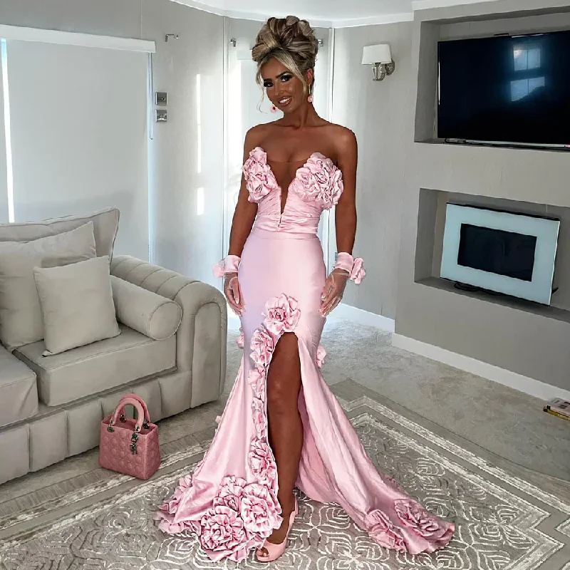 pleated maxi dressSatin Evening Dresses Pink Deep V Neck Side Slit Mermaid Sexy Evening Gowns for Women 3D Flowers Backless Lace Up Prom Dress