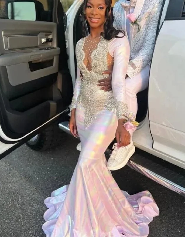 wrap-around dressColorful Mermaid Sliver Crystal Beading Prom Dresses 2024 Long Sleeve Luxury Designer Party Black Girls African Bespoke Gown