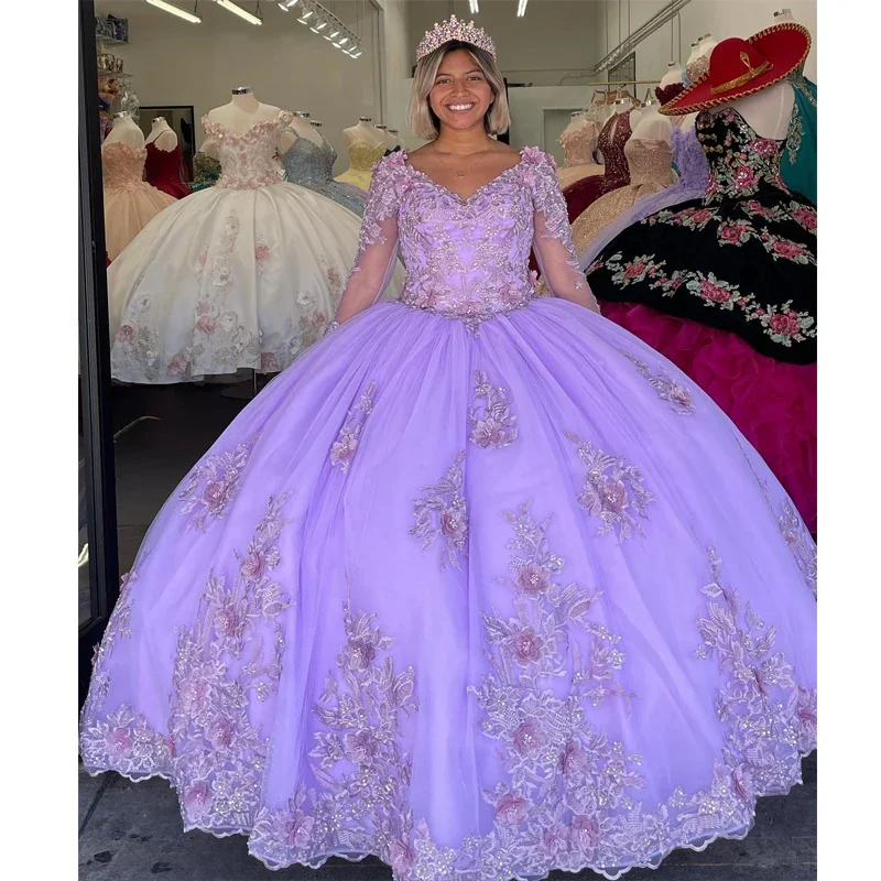 elegant shift dressLavender Sexy V-Neck Quinceanera Dresses Ball Gowns With Appliques Lace 3DFlower Tulle Sweet 16 Dress Court Train Vestidos De 15