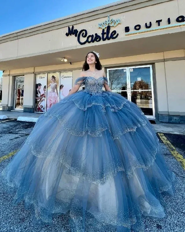 flowy evening dressGrey Blue Sparkly Princess Quinceanera Dresses Off Shoulder Luxury Crystal Tiered Skirt vestido xv años Sweet 15 Prom