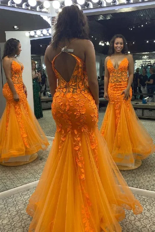 sleek dressOrange Appliques V-Neck Backless Mermaid Long Prom Dress Y6697