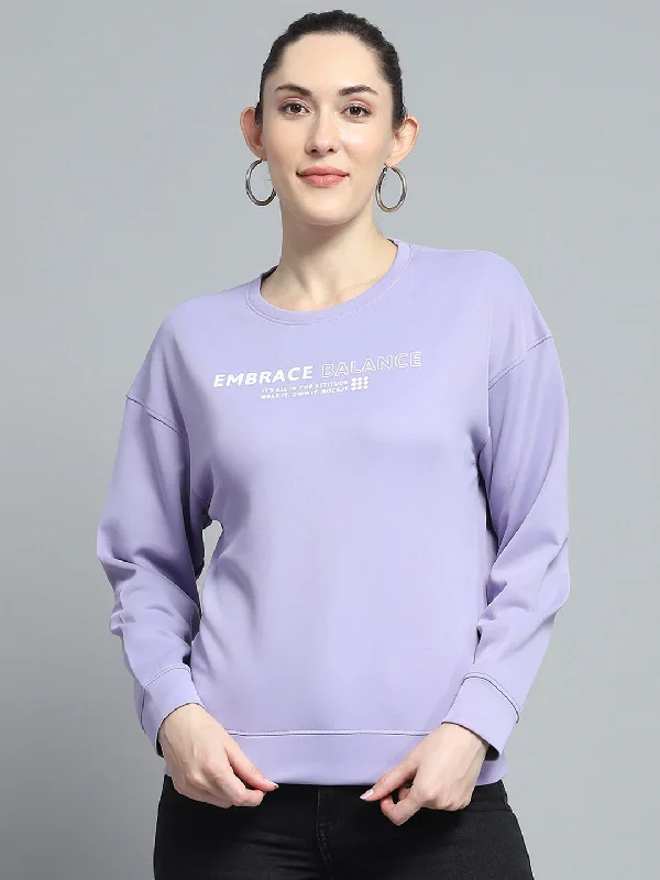 athletic streetwear sweatshirtWomen Purple Printed Round Neck Full Sleeve Sweatshirt