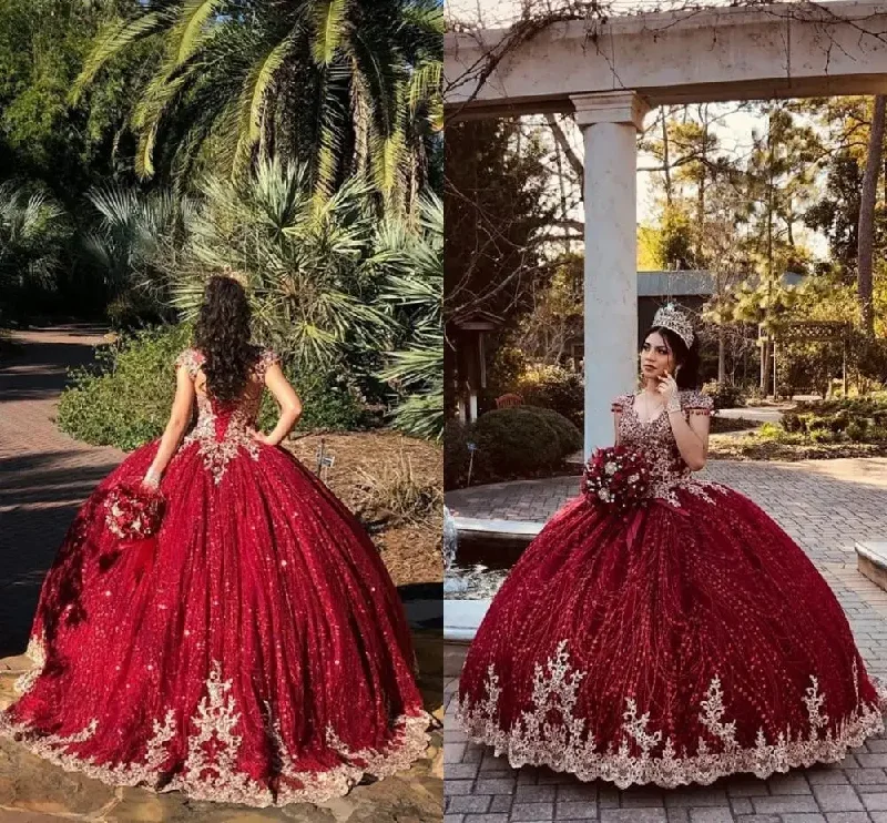 flowy maxi dressDark Red Beaded Ball Gown Quinceanera Dresses Gold Beads Sweet 16 Dress Pageant Gowns vestido de 15 anos años quinceañera