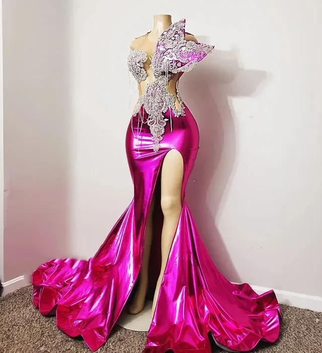 mini dressFuchsia Aso Ebi African Evening Dresses Mermaid Sheer Appliques Beaded Slit Long Ghana Nigeria Black Girls Evening Gown Prom