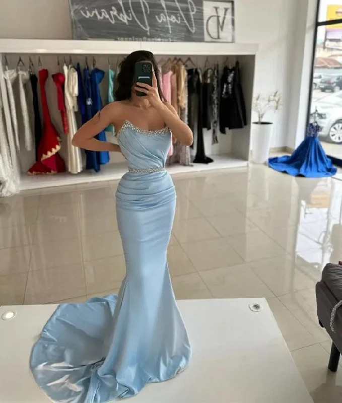 v-neck dressSky Blue Mermaid Evening Dresses Beading Crystal Prom Gowns Elegant Satin Formal Party Dresses 2024