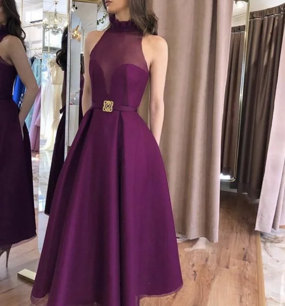 draped dressPurple A-line Sleeveless Prom Dress,Purple High Neck Evening Dress Y5859