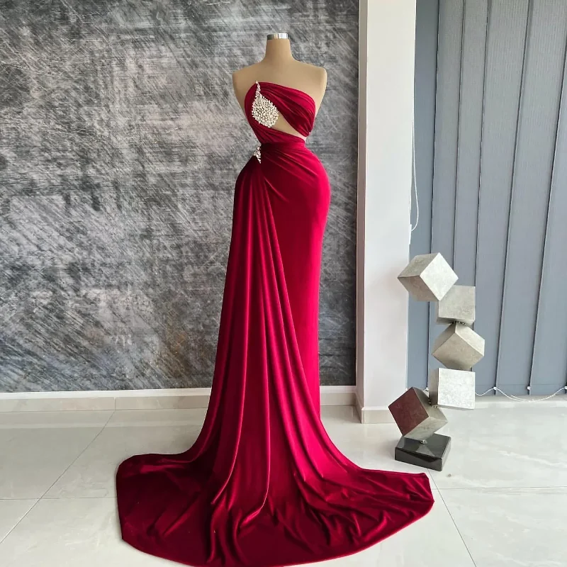 textured dressFormal Dark Red Mermaid Prom Dresses For Women Satin Crystal Strapless Sleevelss Pleat Sexy Evening Party Gowns Robe De Mariage