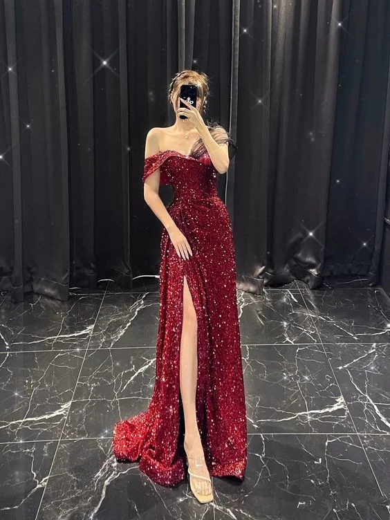 chic wrap dressSheath/Column Off-the-Shoulder Court Train Sequins Prom Dresses With Leg Slit Y6684