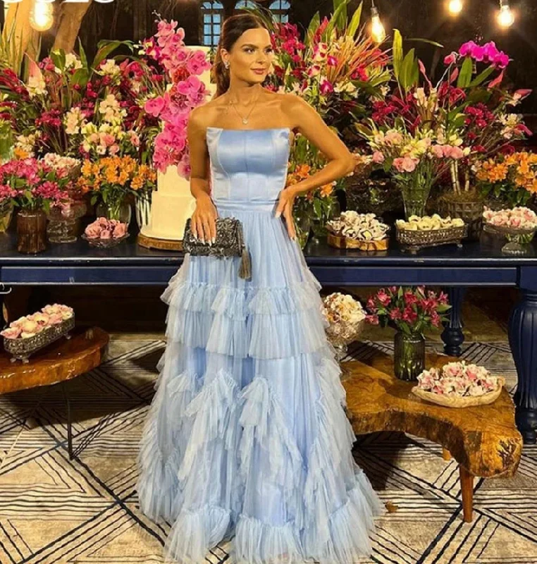 t-shirt dressSky Blue Party Dress Strapless A Line Prom Dress Tiered Ruffles Tulle Skirt Long Evening Dresses Floor Length