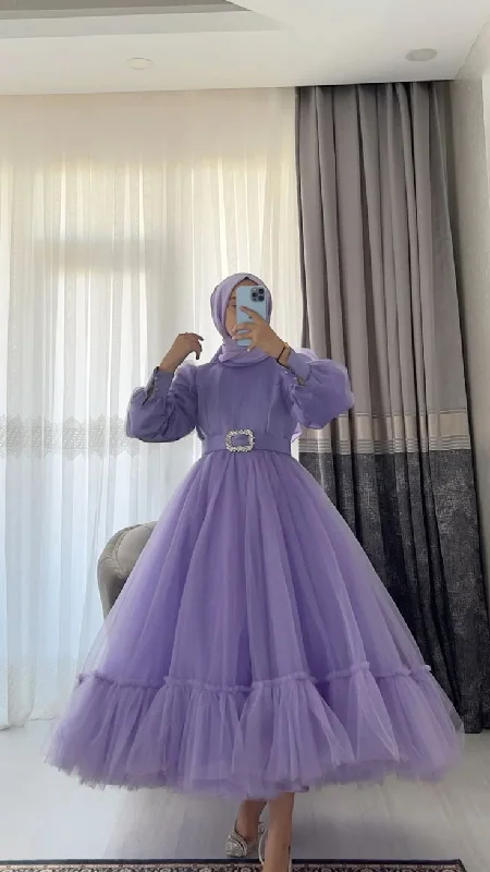 elegant maxi dressSimple Purple A-line Puffy Tulle Prom Dress,Purple Muslim Dress Y6977