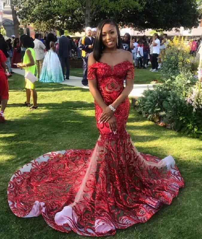 elegant maxi dressElegant Red Sequin Prom Dresses Black Girls Off The Shoulder African Mermaid Party Gowns Short Sleeves robe de soirée femme