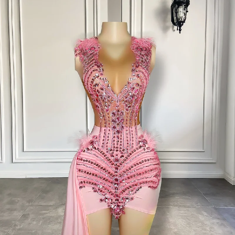 summer floral dressCute Pink Luxury Diamond Birthday Formal Dress For Women Sheer Mesh Feather Black Girls Short Prom Dresses 2024