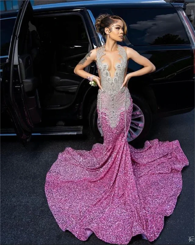 elegant evening dressPink Velvet Sequin Silver Crystal Tassel Prom Dress Luxury Black Girls Mermaid Cocktail Dresses Wedding Dress Africa robe de bal