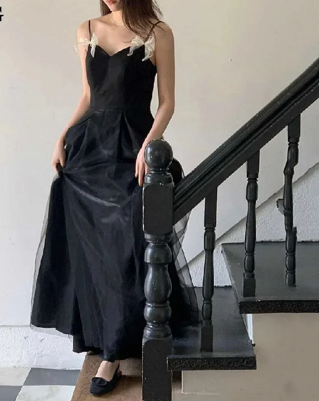 off-shoulder dressFairy Black Tulle Evening Dresses Spaghetti Strap V Neck Wedding Photoshoot Floor Length Prom Gowns Formal Prom Gowns