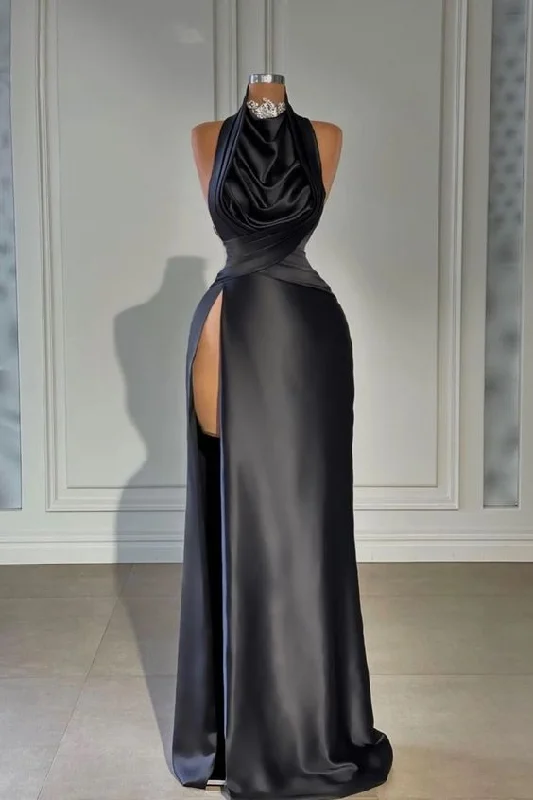 romantic dressBlack Long Evening Dress Satin Halter With High Slit Pleated Y6617