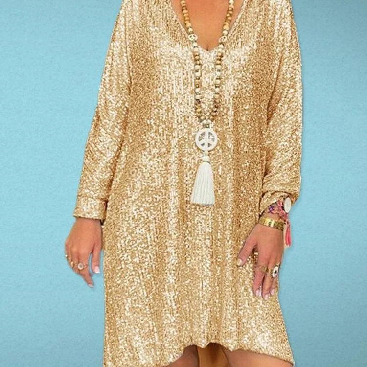 elegant shift dressCasual Solid Color Loose Pullover Sequined Shirt V-neck Long Dress