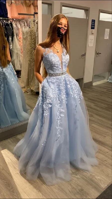 minimalistic dressLight blue v-neck long A-line prom dress new arrive evening dress Y6464