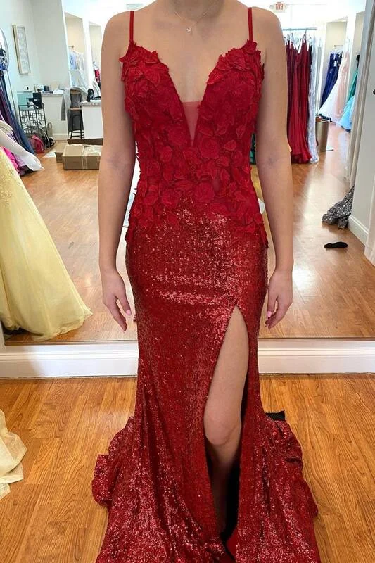 chic wrap dressSexy Wine Red Sequined Long Formal Dress with Slit