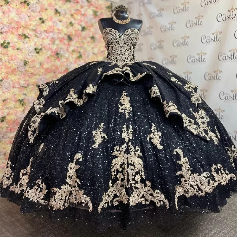 fitted cocktail dressGothic Black Gold Quinceanera Dresses Sweetheart Ball Gown Princess Birthday Gown Lace-Up Birthday Sweet 16 vestidos de 15