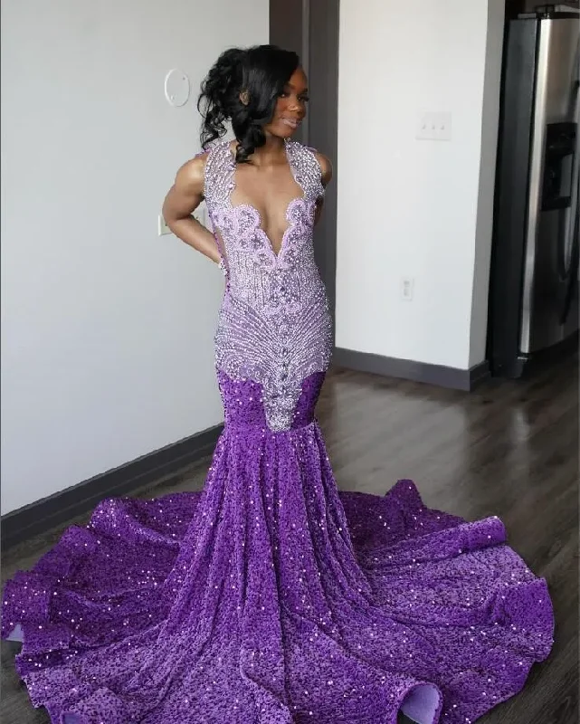 trendy mini dressPurple Sparkly Long Mermaid Prom Birthday Gala Dresses for Black Girl 2024 Luxury Diamond Velvet Sequins Evening Ceremony Gown