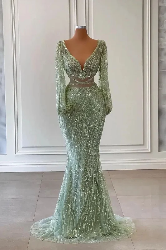 lace-up dressLight Green Long Sleeves V-Neck Mermaid Evening Dress With Sequins Beads Y6659