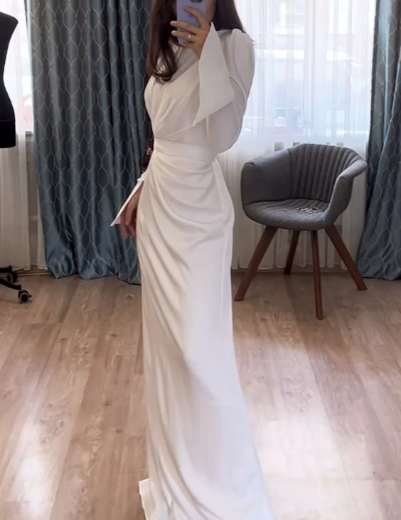 satin midi dressElegant White Sheath Long Sleeves Prom Dress Y6892