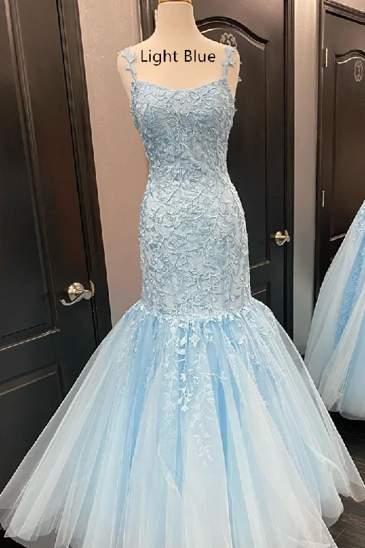 casual day dressStraps Mermaid Light Blue Lace Appliqued Long Prom Dress